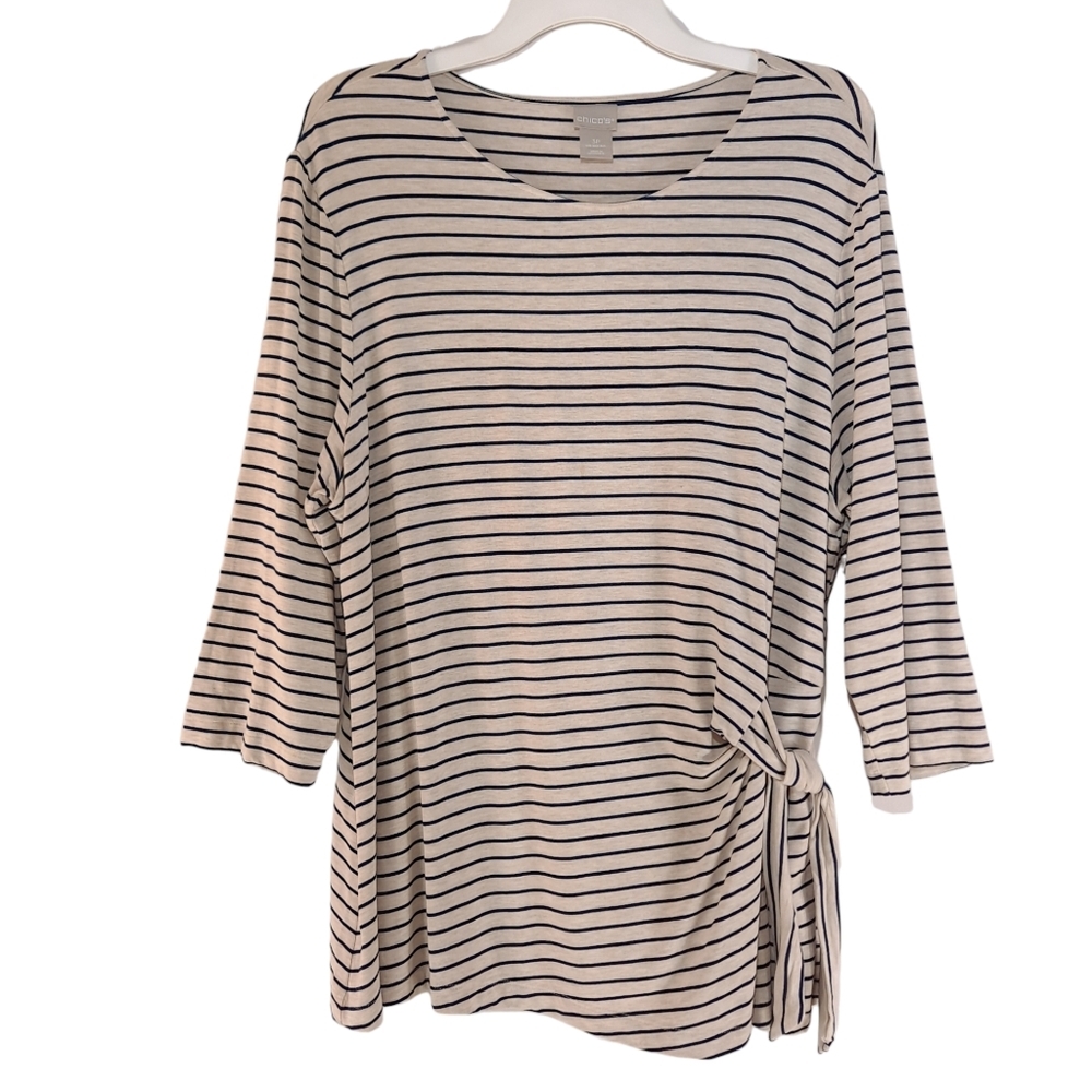 Chico's Petite Striped Side Tie Knit Top 3/4 Sleeve Indigo Beige Striped 3P XLP